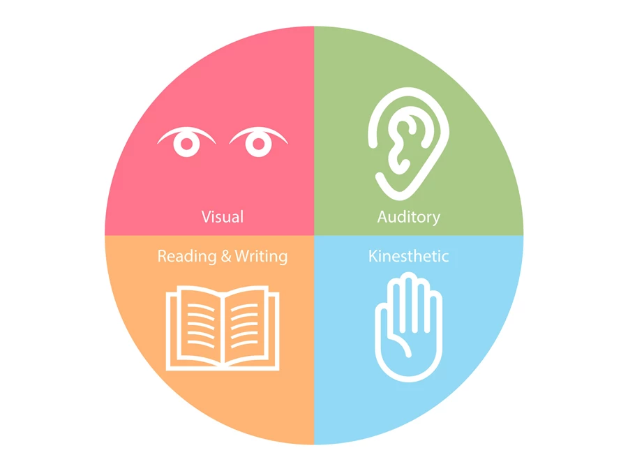 Diagram showing the 4 learnign styles: visual, auditory, reading & writing and kinesthetic